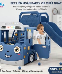 Cầu trượt cho bé có thiết kế hình dáng xe Bus với thanh ngang ghế ngồi giống như xe thực tế