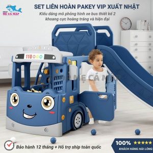 Cầu trượt xe Bus kèm bóng rổ 46 Cầu trượt cho bé có thiết kế hình dáng xe Bus với thanh ngang ghế ngồi giống như xe thực tế