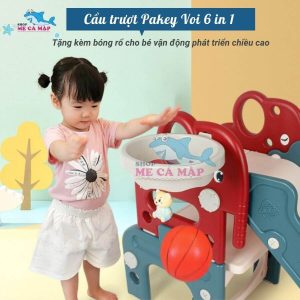 Cầu trượt nhựa Pakey hình voi đa năng 6in1 38 Cầu trượt nhựa voi 6in1 có bao gồm cột bóng rổ