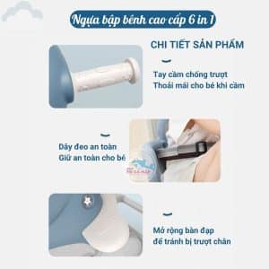 Ngựa bập bênh đa năng 6in1 màu hồng 34 Ngựa bập bênh Pakey có dây đai an toàn giúp bé ngồi vững và bàn đạp có thể mở rộng phù hợp với kích thước chân của bé
