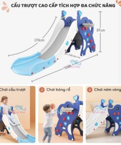 Cầu trượt cho bé Pakey hình voi tích hợp nhiều hoạt động giải trí khác nhau như trượt, chơi bóng rổ, ném vòng và nhiều hoạt động khác