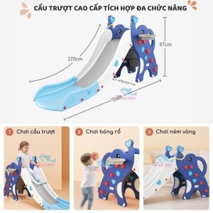 Cầu trượt cho bé Pakey hình voi tích hợp nhiều hoạt động giải trí khác nhau như trượt, chơi bóng rổ, ném vòng và nhiều hoạt động khác