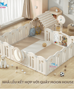 Mái nhà của lều được thiết kế với hoạ tiết vân màu nâu be, mang lại vẻ đẹp tự nhiên và thu hút cho trẻ nhỏ