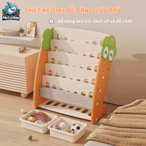 Giá sách Pakey Cà rốt GS03 24 Hai bên thành kệ sách được tạo hình cà rốt phù hợp với trẻ nhỏ, mang đến không gian phòng học ngăn nắp gọn gàng