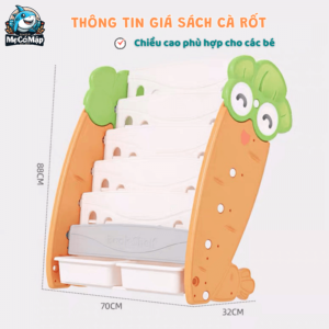 Giá sách Pakey Cà rốt GS03 18 Giá sách được thiết kế để phù hợp với trẻ từ 2 đến 10 tuổi, đảm bảo sự linh hoạt trong việc sử dụng lâu dài khi trẻ đang đến độ tuổi phát triển