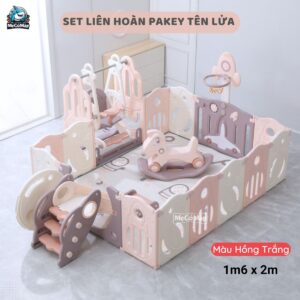 Bộ quây cũi nhựa cho bé Pakey tên lửa full tiện ích màu trắng hồng