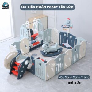 Bộ quây cũi nhựa cho bé Pakey tên lửa full tiện ích màu trắng xanh