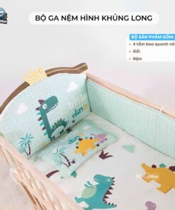 Bộ quây ga nệm nôi cũi cho bé hình khủng long